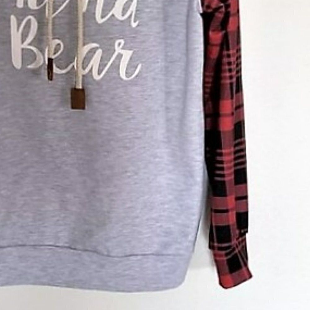 Mama Bear Buffalo Plaid Sleeve Pullover Hoodie Gray L - Picture 7 of 10